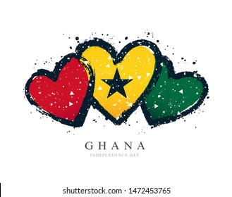 Ghana flag in the form of three hearts. Vector illustration on a white background. Brush strokes are drawn by hand. Independence Day.