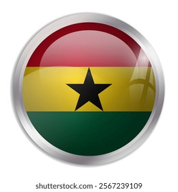 Ghana flag - glossy circle button displays a colorful flag representing a country cultural identity and heritage. The essence of national pride and unity.