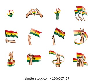 Ghana flag and hand on white background. Vector illustration