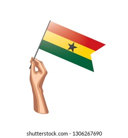 Ghana flag and hand on white background. Vector illustration