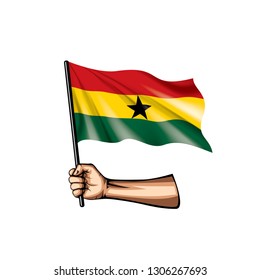 Ghana flag and hand on white background. Vector illustration