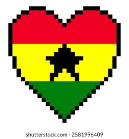  Ghana flag with heart shape in pixel art style