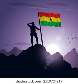 Bandeira de Gana hasteada em um pico de montanha com um pôr do sol roxo ao fundo, ilustração vetorial