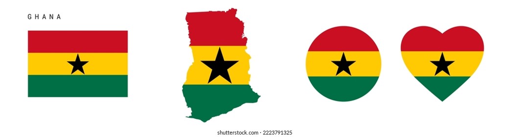 Ghana flag icon set. Ghanaian pennant in official colors and proportions. Rectangular, map-shaped, circle and heart-shaped. Flat vector illustration isolated on white.