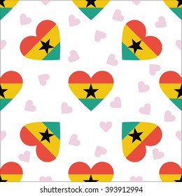 Ghana flag independence day seamless pattern. Patriotic country flag background. Ghana flag in the shape of heart. Vector seamless pattern.