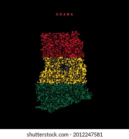 Ghana flag map, chaotic particles pattern in the colors of the Ghanaian flag. Vector illustration isolated on black background.
