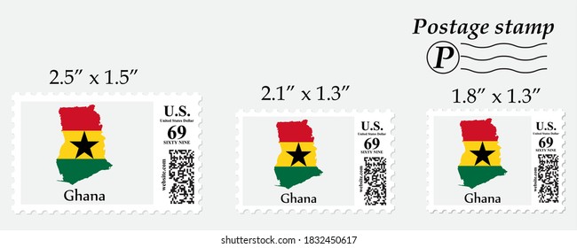 Ghana flag map on postage stamp different size.
