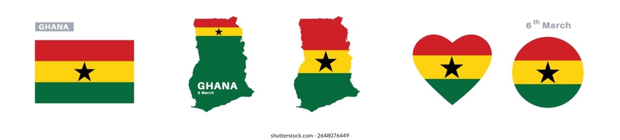 ghana flag and map set. ghana flag in official colors and proportions. independence day 6 march, map, circle and heart shaped ghana