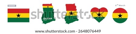 ghana flag and map set. ghana flag in official colors and proportions. independence day 6 march, map, circle and heart shaped ghana