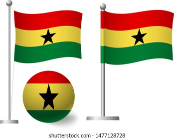 Ghana flag on pole and ball. Metal flagpole. National flag of Ghana vector illustration