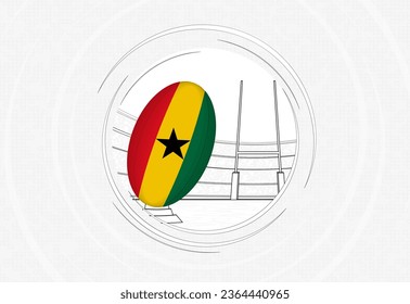 Ghana flag on rugby ball, lined circle rugby icon with ball in a crowded stadium. Vector sport emblem on abstract background.