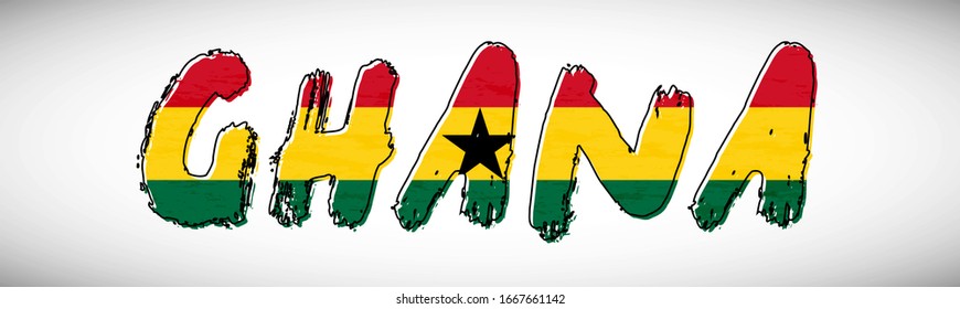 Ghana flag on text typography. Country name banner strip. Abstract typography background.