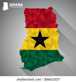 Ghana flag overlay on Ghana map with polygonal and long tail shadow style (EPS10 art vector)