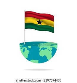 Ghana flag pole on globe. Flag waving around the world. Easy editing and vector in groups. National flag vector illustration on white background.