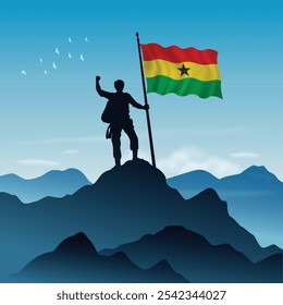 Ghana Flag raised on a mountain peak with clear sky in the background, vector illustration