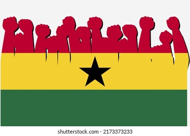 Ghana flag with raised protest hands vector, country flag logo, Ghana protesting concept, flat design, against idea