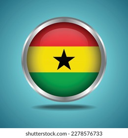 The Ghana flag. Round glossy. Silver frame. Isolated on color gradient background