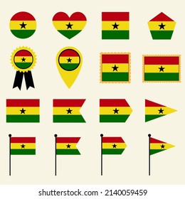 Ghana flag set in 16 shape versions. Collection of Ghana flag icons with square, circle, heart, triangle, medal, stamp and location shapes.