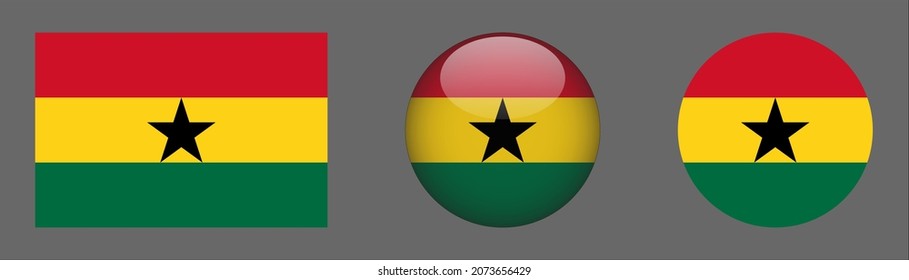 Ghana flag set collection, button rounded, flat rounded.