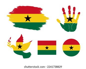 Ghana flag set, flag of Ghana collection. Flag in grunge, Dove, Handprint, square and round shape. vector illustration