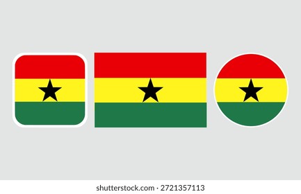Conjunto de iconos de la bandera de Ghana. Un conjunto de banderas en Formas cuadradas, rectangulares y redondas. Icono de la bandera. Colores estándar. Ilustración vectorial.
