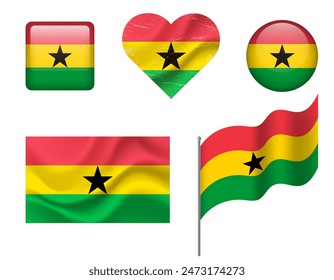 Ghana flag set of icons. Vector flag of Ghana, symbol. Set of Ghana flags button, waved, heart.