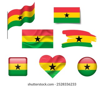 Bandeira de Gana com ícones. Bandeira vetorial de Gana, símbolo. Botão Set of Ghana flags, escova, acenado, coração.