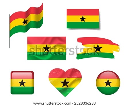Ghana flag set of icons. Vector flag of Ghana, symbol. Set of Ghana flags button, brush, waved, heart.