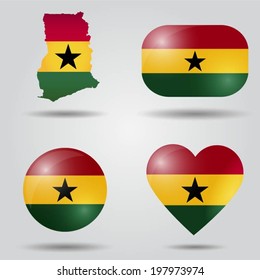 Ghana flag set in map, oval, circular and heart shape.
