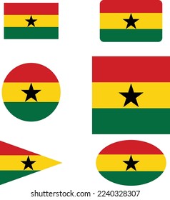 Ghana flag set, simple flags of Ghana with different shapes. Vector illustration. set