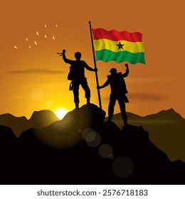 Ghana flag, silhouette of two climbers holding flags at sunset