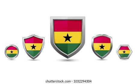 Ghana flag  - silver badges with different 3 shape shield, circle and hexagon - stock vector illustration
