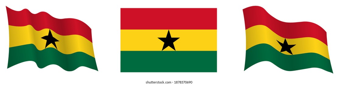 Bandera de Ghana en posición estática y en movimiento, balanceándose en el viento en colores y tamaños exactos, sobre fondo blanco