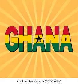 Texto de la bandera de Ghana con ilustración del vector de explosión de sol