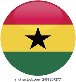 Vektorsymbol der Ghana-Flagge. Glänzendes rundes Symbol mit Flagge der Ghana auf weißem Hintergrund