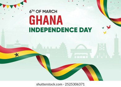 Ghana Flag Waving On Skyline Background. Independence Day Concept Design Vector Illustration.