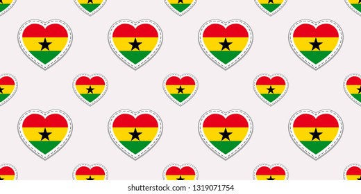 Ghana flags background. Ghanaian flag seamless pattern. Vector stickers. Love hearts symbols. Good choice for sports pages, travel, patriotic, geographic, elements. patriotic wallpaper