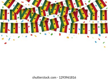 Ghana flags garland white background with confetti, Hang bunting for Ghanaian independence Day celebration template banner, Vector illustration