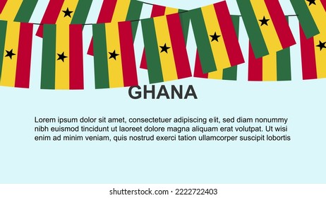Ghana flags hanging on a rope, celebration and greeting concept, many Ghana flags with text space, banner and poster idea, decoration material, independence day