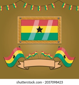 Ghana Flags On Frame Wood, Label, Simple Gradient and Vector Illustration