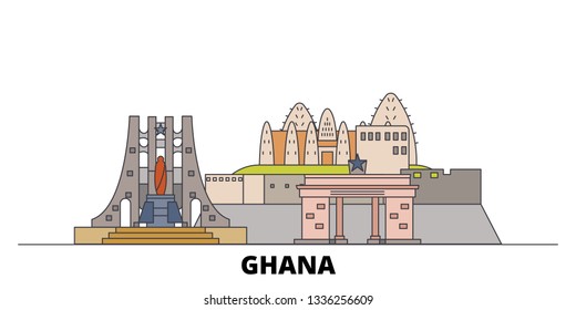 Ghana flat landmarks vector illustration. Ghana line city with famous travel sights, skyline, design. 