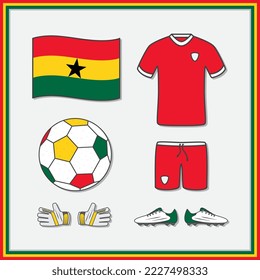 Ghana Football Cartoon Vector Illustration. Football Jersey And Football Ball Flat Icon Outline