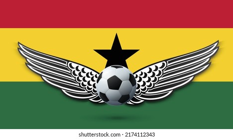 Ghana football team with flag background vector design. Soccer championship concept with wings illustration template. 
