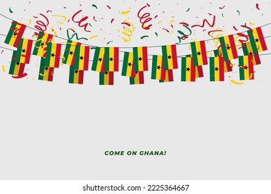 Bandera de la guirnalda de Ghana con confeti de fondo blanco, cartel de la plantilla de celebración de Hang bunting para Ghana.