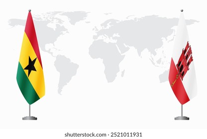 Bandeiras de Gana e Gibraltar para reunião oficial contra fundo do mapa do mundo.