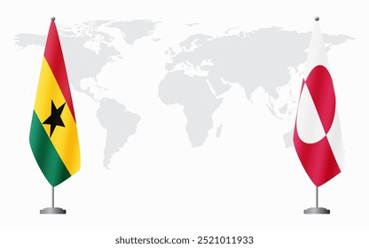 Bandeiras de Gana e da Groenlândia para reunião oficial contra o fundo do mapa do mundo.