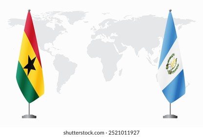 Bandeiras de Gana e Guatemala para reunião oficial contra fundo do mapa do mundo.