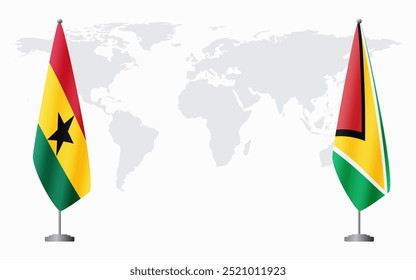 Bandeiras de Gana e Guiana para reunião oficial contra fundo do mapa do mundo.