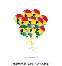 Ghana Happy National Day greeting card. balloons flag of Ghana with ribbon isolated on white background. Template for poster, banner, flyer, invitation, brochure, card, cover
