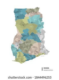 Ghana detaillierte Karte mit Unterteilungen. Verwaltungskarte Ghanas mit dem Namen der Bezirke und Städte, farbig nach Staaten und Verwaltungsbezirken. Vektorgrafik